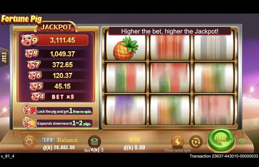 Ảnh màn hình gameplay game FortunePig (slot JILI) chơi tại LC79